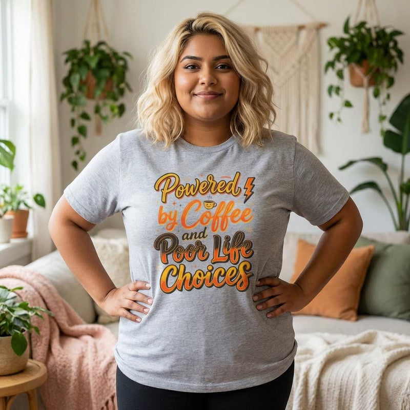 Powered by Coffee and Poor Life Choices T-Shirt | Coffee Sarcastic Tee